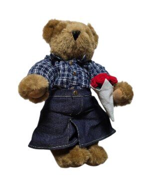 Vermont Teddy Bear 2009 Jointed Bear Denim Dress Red Roses Plush 15"